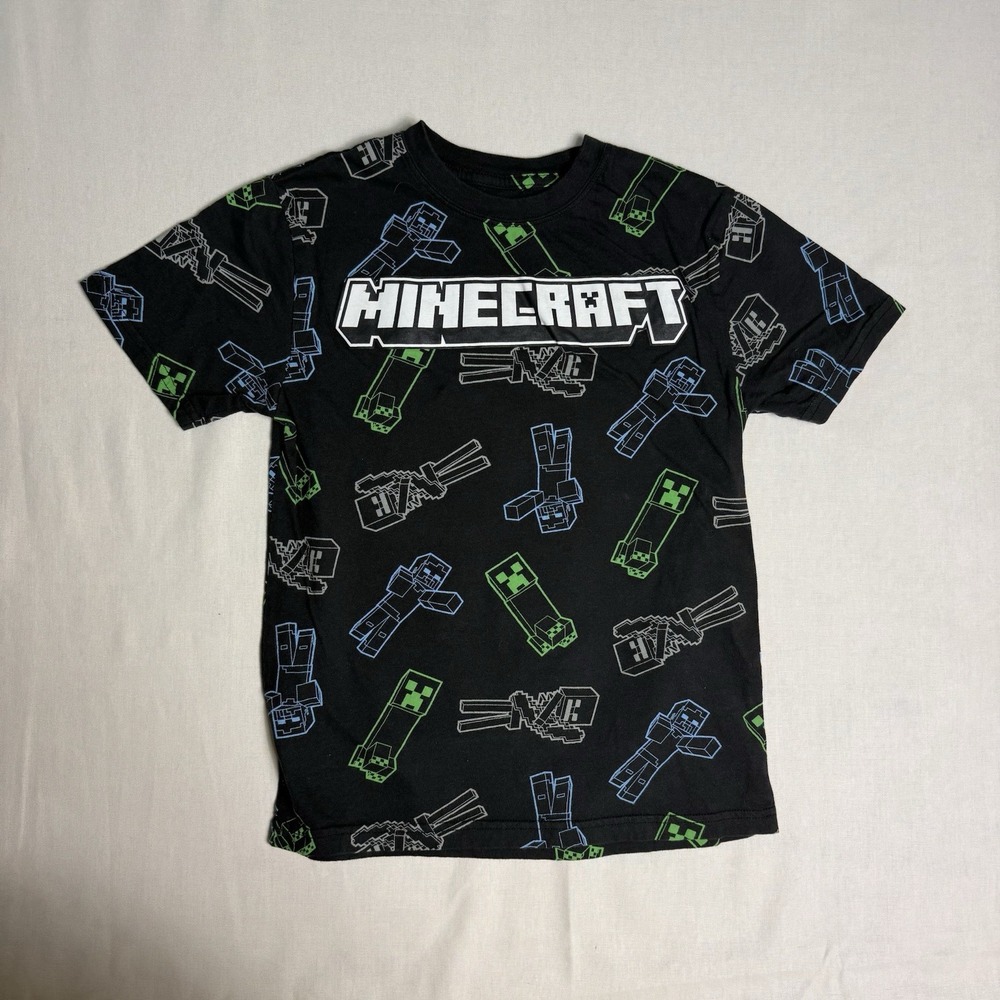 Minecraft Boys Creeper Graphic Logo Tee Black Cotton Short Sleeve Size 10/12